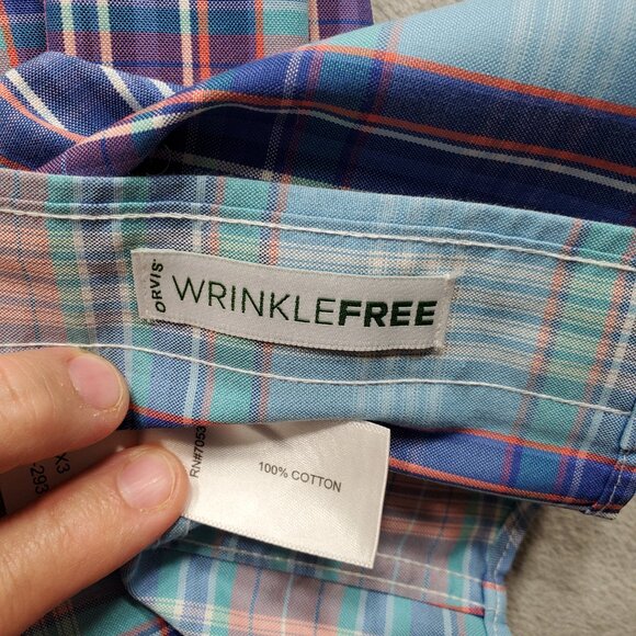 Orvis Button Down Dress Plaid Shirt Wrinkle Free Salmon Dark Blue White Men Sz M - Picture 4 of 10